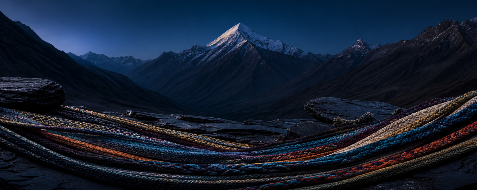 AI-assisted editorial concept showing multicolour braided textile cords on dark stone beneath a distant snow-covered mountain